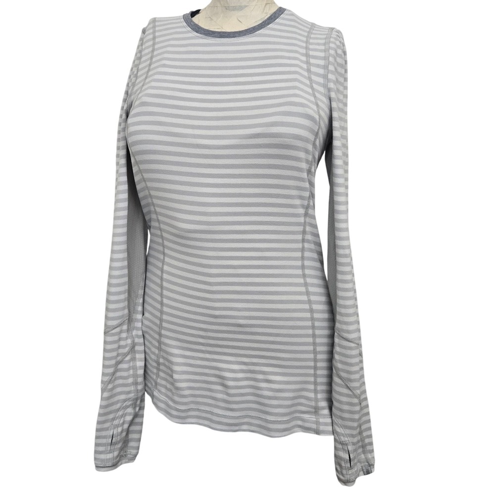 Lululemon Womens 6 Long Sleeve Running Top‎ Gray Stripe Thumbholes Tech Athletic